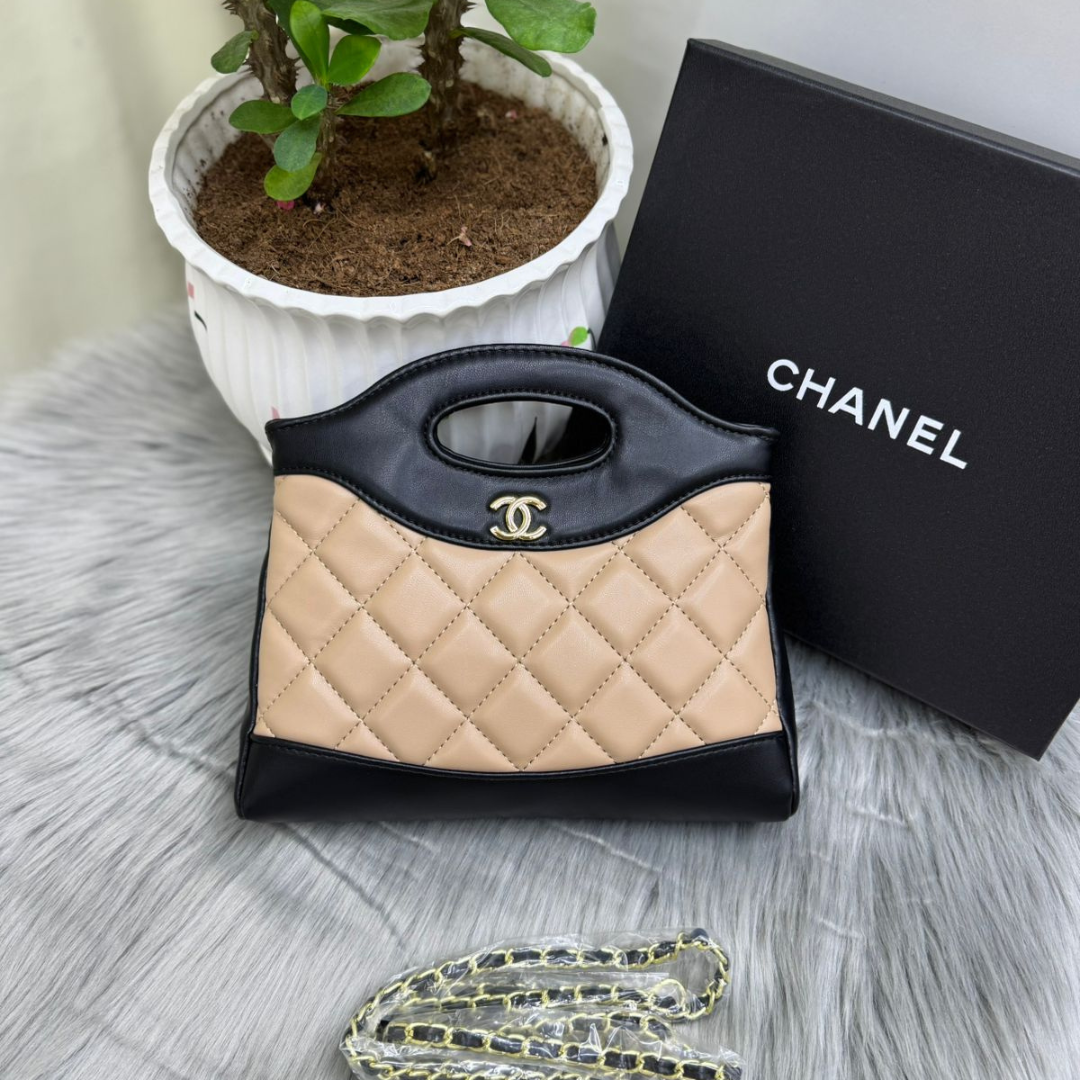 CHANEL Women’s Quilted Leather Handbag – Beige & Black Designer Purse | Luxury Fashion Bag Dubai